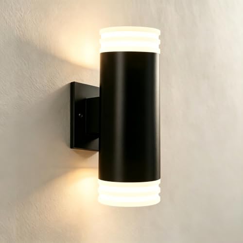 Image of JYV Outdoor Wall Lights, Up and Down Cylinder LED Porch Lights, Black | IP65 Waterproof, stainless steel, 2 * 7W Bulbs 3000K, Exterior Lighting Fixtures for House Porch Patio Garage