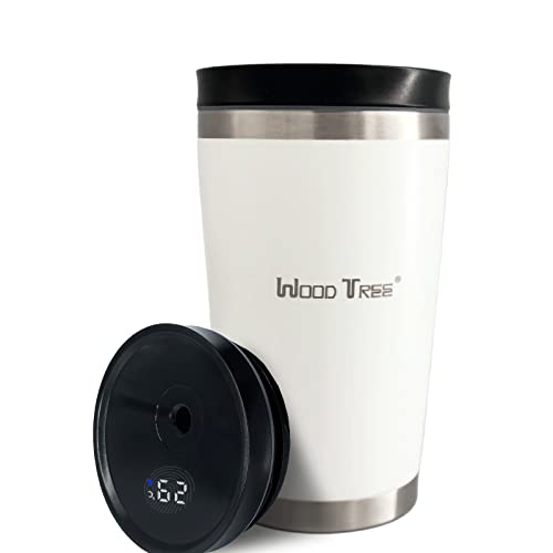 WOOD TREE Taza aislada de acero oxidado de 560ml con tapa Taza aislada a prueba de fugas, botella de agua caliente aislada al vacío con indicador de temperatura para té y café (Blanco) Cover