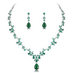 Necklace + Earrings-White Gold-Green Emerald CZ