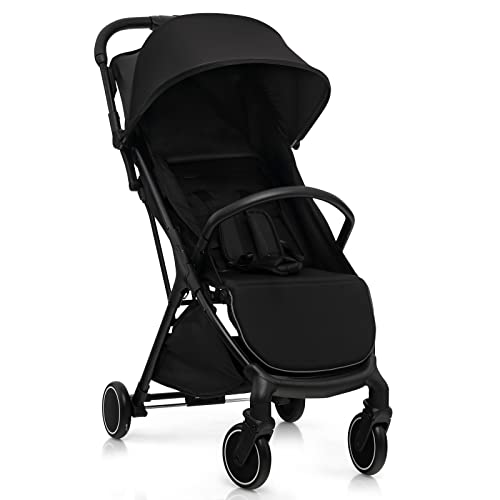 GYMAX Cochecito de bebé plegable, cochecito ligero con cinturón seguro de 5 puntos, rueda con bloqueo, reposapiés ajustable, toldo y respaldo, cochecito de viaje para niños de 0 a 3 años (negro)