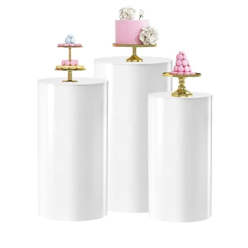 DCYEQRQ Round White Cylinder Pedestal Stand for Party Set of 3 Elastic Polyester Plinth Covers for Dessert Table Display Pillars (White)