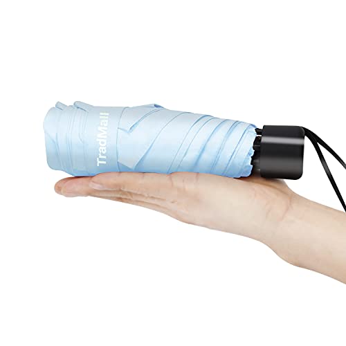 Image of TradMall Mini Travel Umbrella, 6 Ribs Portable Lightweight Compact Parasol with 95% UV Protection for Sun & Rain, Sky Blue