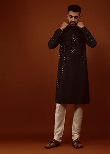 Image of Men's Rayon Blend Lucknowi Sequence Kurta Pyjama (Chickankari)