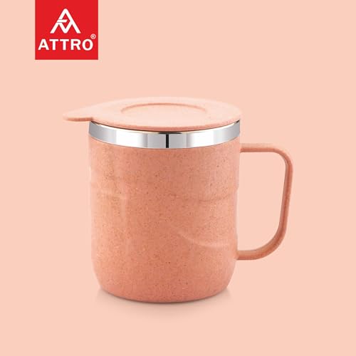 Image of ATTRO Brew Mug - Stainless Steel Inner with eco Friendly Outer Body Durable & Stylish, Microwave Safe Coffee /Tea Mug with Handle & Lid, Ideal for Home, Office, Travel & Gifting - 300ml - Pastel Peach