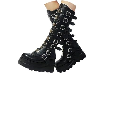 tinbarry Bottes Femme Bottes D'hiver Hautes Bottes Gothiques Punk à Plateforme Bottes Compensées en Cuir PU Bottines Compensées Vintage Bottes de Combat à...