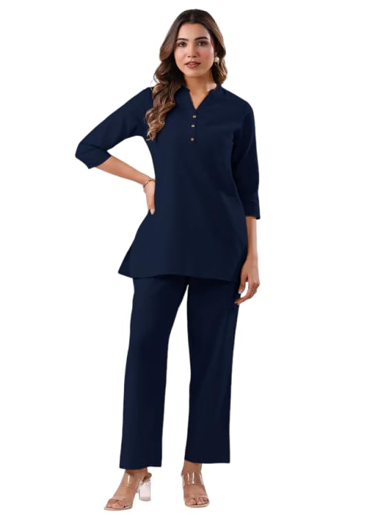 Image of Co Ord Set for Women Stylish Pure Cotton Airy Linen Lounge Wear Kurta Coord Set for Women | Regular Fit Solid Summer Kurti Set Casual, Travel, Office Formal Wear