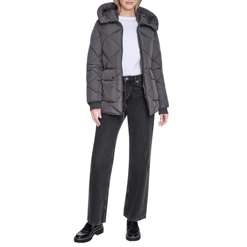 Kenneth Cole Women's Diamond Quilted Crinkle Nylon Puffer with Attached Hood
