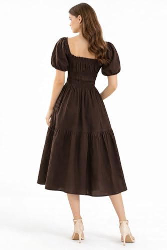 Image of BOOSTY Women's Puff Sleeve Smocked Midi Dress, Square Neck A-Line Dress
