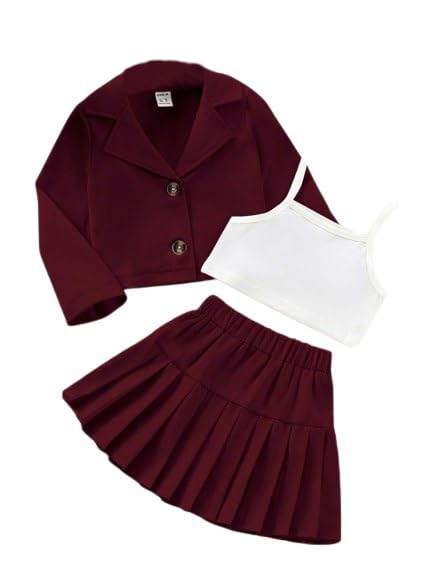 Image of Three Piece Co ord Set Dress for Girls| Jacket Top and Skirt Open Front Suits Set| Girls Clothing Set