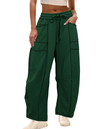 Athlisan Womens Baggy Barrel Pants Wide Leg Lounge Drawstring Sweatpants with Pockets(Green-XS)