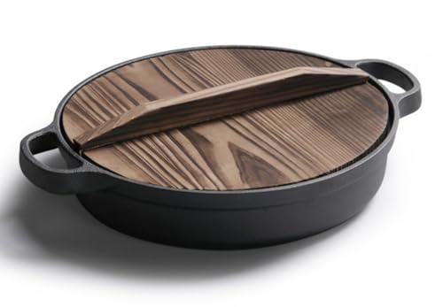 Minogo 丸型鉄板 鉄鋳物製 焼肉プレート 業務用対応 マルチグリドル たこ焼きプレート お好み焼き ステーキ 耐熱設計 IH直火兼用 お手入れ簡単 洗浄可能 家庭用 多用途調理 焼き料理 耐久性 滑り止め (木蓋付き,直径35cm)