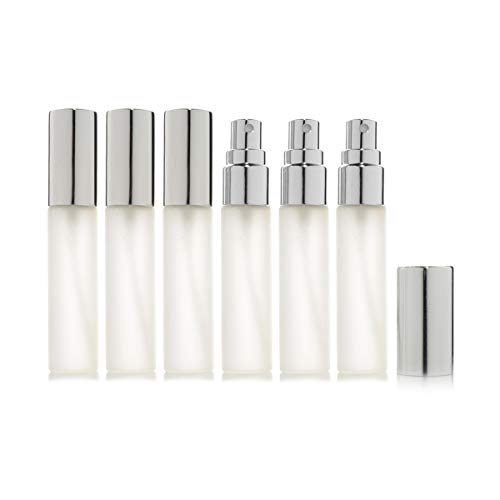 Enslz 6 pcs Frosted Fine Mist 10ml1/3oz Atomizer Glass Bottle Vial Spray Refillable Fragrance Perfume Empty Scent Bottle 2 pcs 3ML Free Pipette (10ml, Silver)