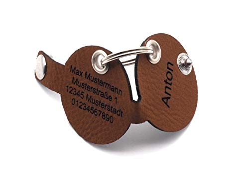CopterFarm Hundemarkentasche mit Druckknopf Gravur Braun | Rund - Birne | gefertigt aus Kunstleder | beidseitig graviert | Durchmesser ca. Ø30mm (Rund)