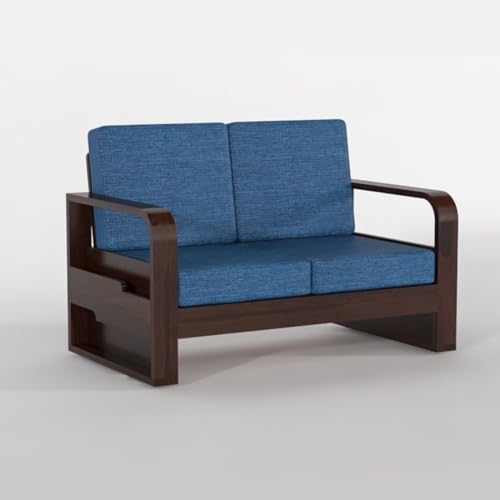 Image of Solid Sheesham Wooden 4 Seater Sofa Set for Living Room | Sofa Set with Side Pocket Storage & Cushion | Rosewood Sofa Set for Home (Walnut with Blue Cushion, 4 Seater)