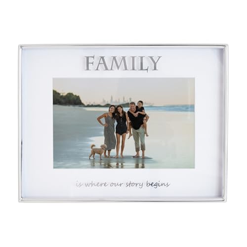 Happy Homewares Contemporary Silver Plated Metal Family 4x6 Picture Frame for Wall or Table | Is Where Our Story Begins on Glass Front