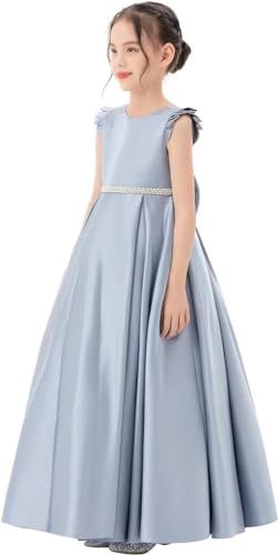 Satin Flower Girl Dress Flying Sleeve V-Back Pageant Dress Holiday Birthday Party Prom Ball Gown with Bow-Knot4