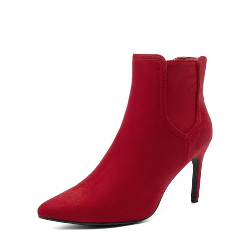 DREAM PAIRS Women's Pointed Toe Stiletto High Heel Ankle Booties 6 Kizzy-1 Red/Suede