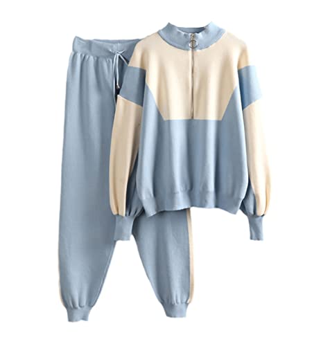 Survêtement en tricot 2 pièces avec pantalon sarouel bleu extensible pour femme
