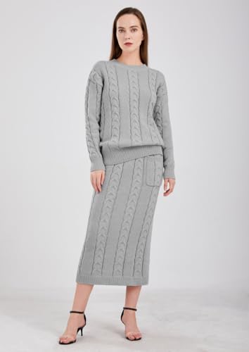 Image of chouyatou Women Winter Casual Chunky Cable Knit Long Pencil Skirt 2 Piece Outfit Oversized Pullover Sweater Sets