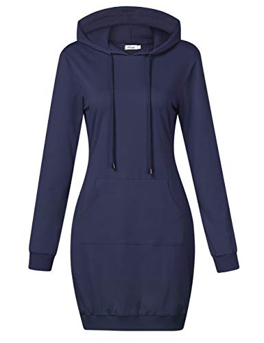 MISSKY Women Casual Long Sleeve Kangaroo Pocket Pullover Hooded Tunic Dress,Navy L