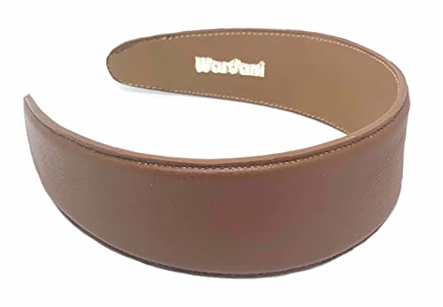 Wardani, 4.7 cm wide genuine leather headband stitched edge calf leather, handcrafted & handmade in Brooklyn USA 1.3/4” wide (SADDLE)