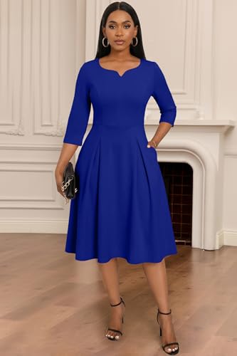 Image of Nmoder Fit-and-Flare Midi Dress V-Notch Neck Casual Dress Side Pockets | V-notch neckline;A-line swing silhouette; Soft breathable fabric; Perfect for church wedding guest work daily wear