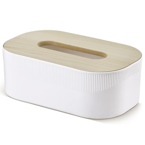 Voency Kosmetiktücherbox, 21×13×7cm PP Material Taschentuchbox,Tücherbox mit Holzdeckel, modernes Design Taschentuchbox für Esszimmer Badezimmer Schlafzimmer Büro Couchtisch Auto, weiß