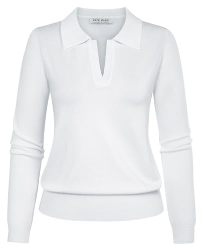 Polo à manches longues anti-déformation en tricot côtelé col en V Kate Kasin pour femme