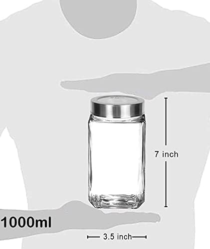 Glass Square Shape Transparent Glass Jars & Containers for Kitchen Pantry, Snacks, Masala, Pickles, Dry Fruits, Coffee Beans Storage with Black Color Plastic Lid (Set Of 6) (1000ml Steel Cap)