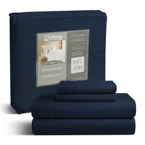 100% Egyptian Cotton Sheets Queen Size Set, 800 TC Deep Pocket Queen Sheets Set, Soft Breathable Sateen Weave 4 PC Elasticated Sheet & Pillowcase Sets, No Pill & Shrink, Fade Resistant- Dark Denim