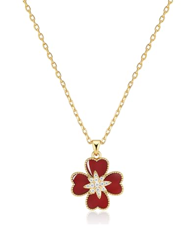 18K Gold Plated Red Maroon Heart Floral CZ Stacked Enamel Pendant Necklace for Women by SNGIA, Dainty Drop Layered Trendy Gemstone Charm Statement Jewelry Gifts, Bohemian Vintage Handmade Unique Exaggerated Cute Thin Skinny Chain Necklace, Summer Beach Fashion Nickle Free Rhinestone Accessories