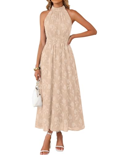 Image of Simplee Womens Summer Halter Maxi Dress Boho Floral Wedding Guest Dress Flowy Sleeveless Long Sundresses with Pockets