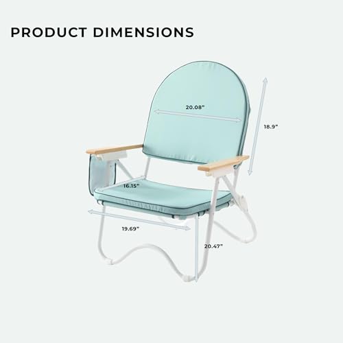 Image of Padded Low Beach Chair, 4-Position Folding Outdoor Chair with Wooden Armrests, Cushioned Seat, Storage Pouch & Carry Strap for Beach, Patio and Lawn, Harbour Cypress Green