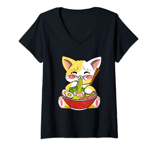 Femme Cat Kawai Neko Ramen Noodle Fun Anime japonais T-Shirt avec Col en V