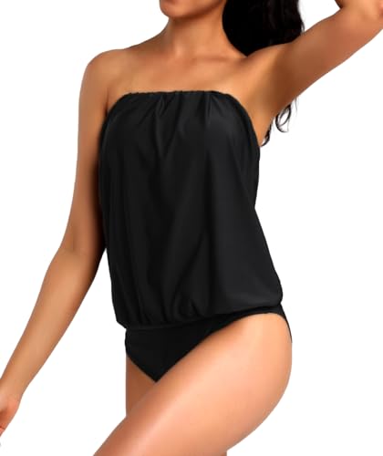 Two Piece Bandeau Tankini Swimsuits for Women Loose Blouson Swim Top with Bikini Bottom Tummy Control Bathing Suits2