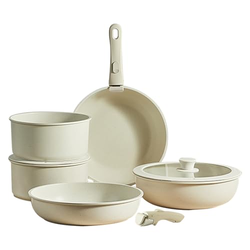 Gourmetific Cookware Sets, Stone Nonstick Cookware Set, Safe Panpots Sets | Safe Pans Pots Set | Nonstick Cream White Detachable Handle for Cookingfrying Pans Cooking Pot Set for Frying Pans
