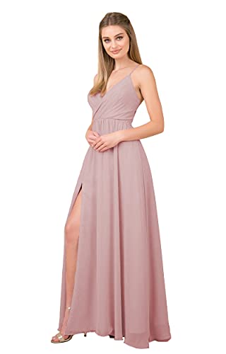 SYYS Long Chiffon Plus Size Bridesmaid Dress for Girls Dusty Rose V-Neck Pleated Spaghetti Straps Formal Evening Party Dress with Slit Dusty Rose 18W