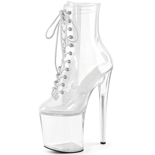 denovas Womens Very High Heel Lace Up Big Size Platform Pole Dance Ankle Boot with Zipper Clear 12