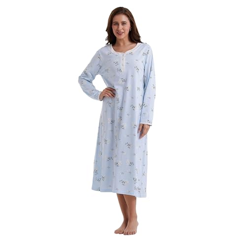 Keyocean Cotton Nightgowns for Women, Soft Comfy Long Sleeve Sleepwear House Dress for Sleeping Lounging