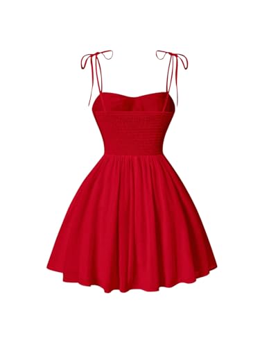 Soly Hux Women'S Ruched Cami Dresses Spaghetti Strap Flared Prom Dress Cocktail Party Short Dress Solid Red Small thumb #1