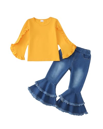 Toddler Girl Clothes Kids Little Girl Fall Outfit Ruffle Long Sleeve Shirt Flare Denim Jeans Pants Winter Clothing Set
