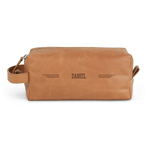 Trousse de Toilette Cuir personnalisée - Trousse de Maquillage et de Voyage avec Gravure Pratique pour Homme et pour Femme en Cuir véritable de Buffle Marron, Personnalisable avec nom et Texte Cover