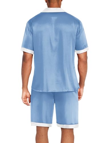 Image of Ekouaer Men Satin Silk Pajamas Set with Pockets Sleepwear Shorts Satin Summer Loungewear 2 Piece Button Down Set S-3XL, Blue, Large