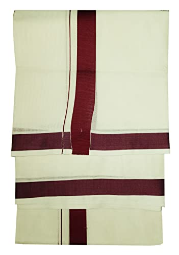 Image of Mens Thick Border 100% Cotton Cream Dhoti 4.0 Meters Double Mundu /Vesti