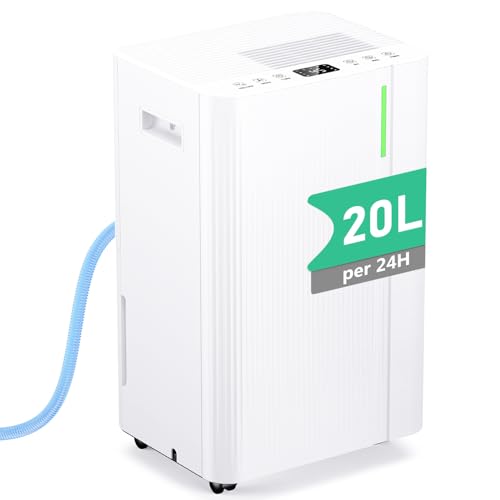 Dehumidifier, 20L/Day Quiet Portable Compressor Dehumidifier for Bedroom Bathroom Warehouse with 3 Modes, 24H Timer, Continuous Drainage, Humidity Control, Dryer Function, Auto Defrost, Low Energy