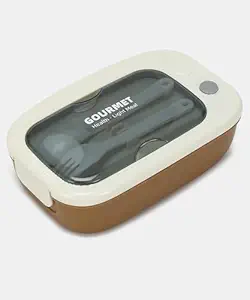 Plastic Bento Lunch Box Tiffin Box with Fork Spoon Cutlery Set Kids Adult Food Storage Container for Office School Outdoor Picnic (Brown-White)