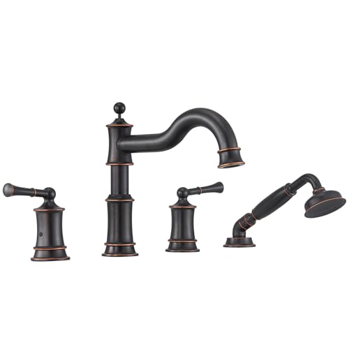 Qinkell Roman Tub Faucet Set with Sprayer - High Flow Brass 18-24 Inch Widespread 4-Hole Deck Mount Bathtub Faucet 360-Degree Swivel Spout Rough-In Valve 2 Handles Oil Rubbed Bronze