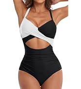 Yutdeng Badeanzug Damen Bauchweg Push Up Badeanzug Cut Out Crossover Schwimmanzug Retro Monokini ...