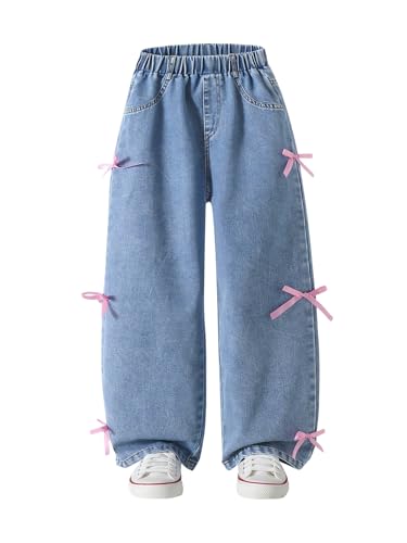 Verdusa Girl's Kawaii Bow Tie Denim Pants Elastic Waist Wide Leg Baggy Jeans