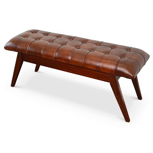 Mid Century Modern Tan Leather Bench